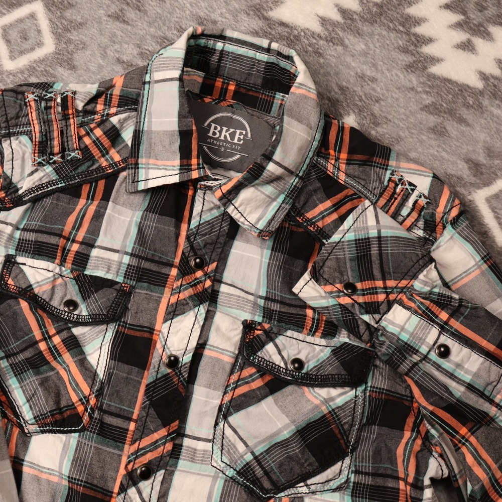 BKE Athletic Fit Plaid Snap Button Shirt Black Orange Teal Small